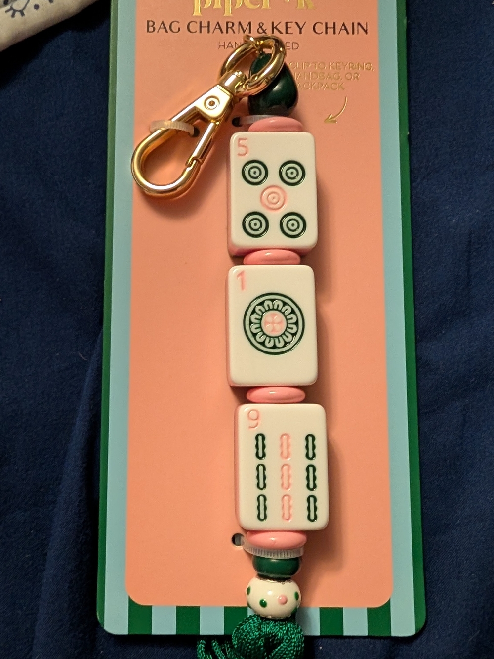 Piper K whimsical pink green mahjong game tile motif keychain bag charm